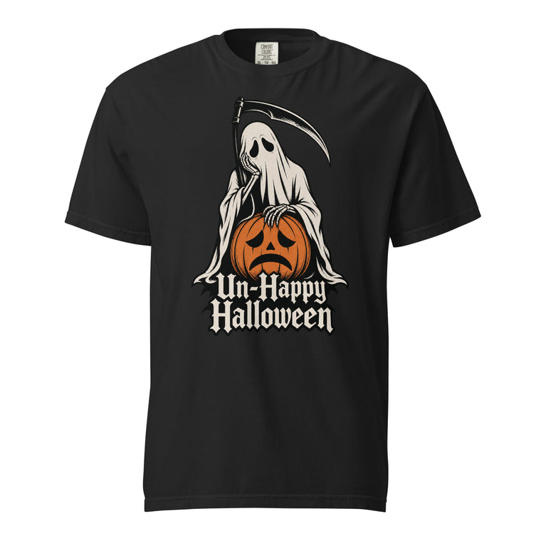 Front view of a black T-shirt featuring a hooded Grim Reaper with a scythe and an orange sad-faced Pumpkin above “Un-Happy Halloween” lettering.