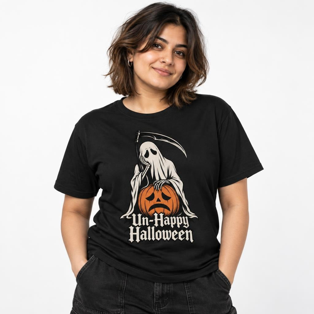 Front view of a model wearing a black T-shirt with a hooded Grim Reaper, orange sad-faced Pumpkin, scythe, and “Un-Happy Halloween” text.