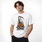 Front view of a white T-shirt featuring a hooded Grim Reaper, sad-faced orange Pumpkin, scythe, and “Un-Happy Halloween” lettering.