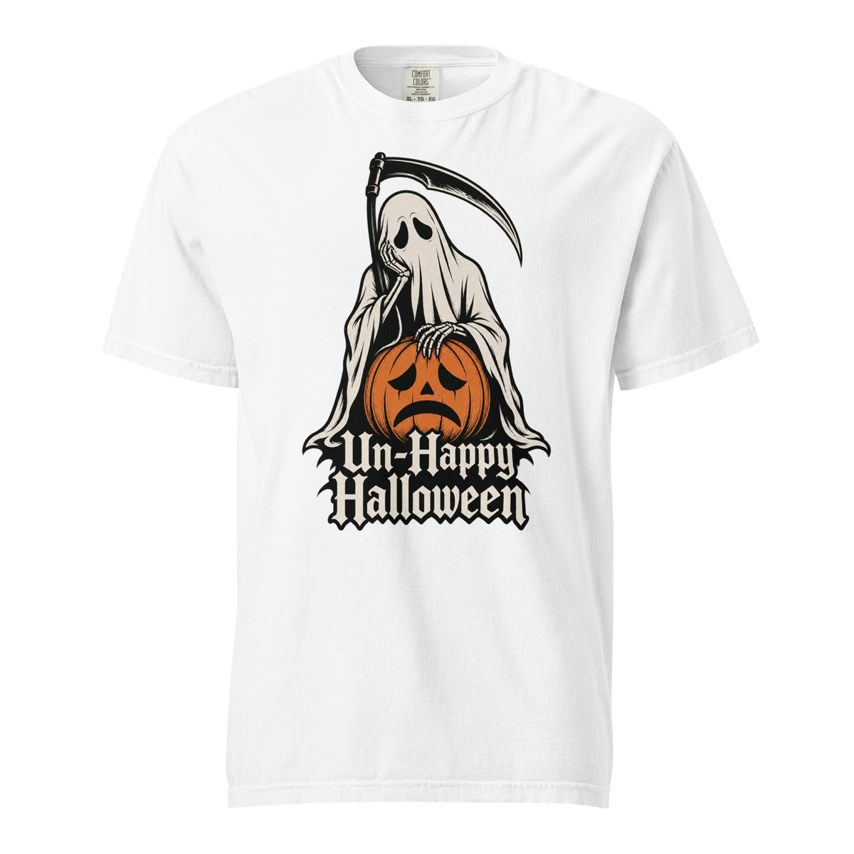 Front view of a white T-shirt with a hooded Grim Reaper holding a sad orange Pumpkin beneath “Un-Happy Halloween” lettering.