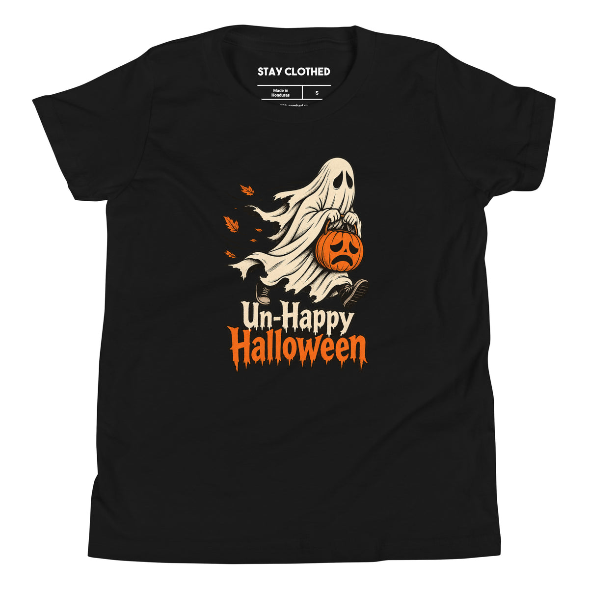Front of a black kids' T-shirt with a cream ghost holding an orange sad-faced pumpkin and “Un-Happy Halloween” lettering.