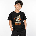 Model wearing a black youth T-shirt with a cream ghost holding an orange sad-faced pumpkin and Un-Happy Halloween lettering.