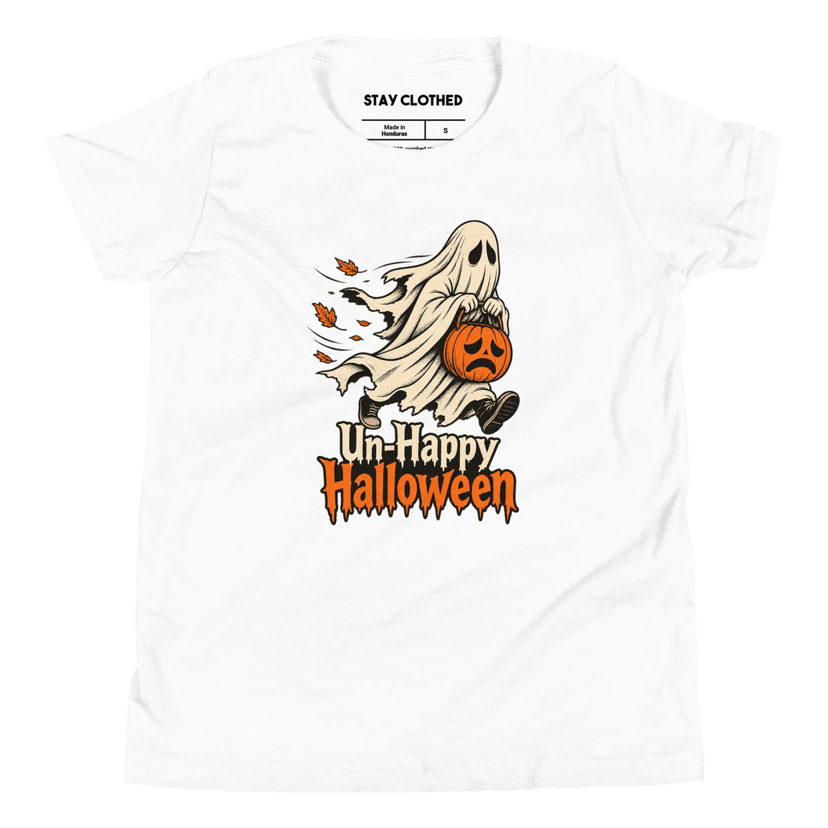 Front graphic on a White kids' T-shirt showing a cream ghost holding a sad-faced orange pumpkin with autumn leaves and “Un-Happy Halloween” text.