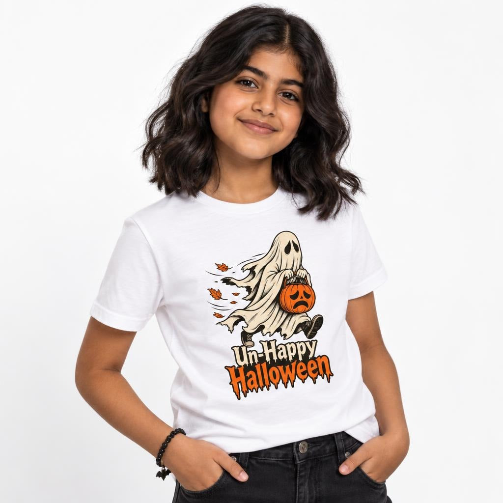 Front view of a white kids' T-shirt featuring a cream ghost holding an orange sad-faced pumpkin with Un-Happy Halloween lettering.