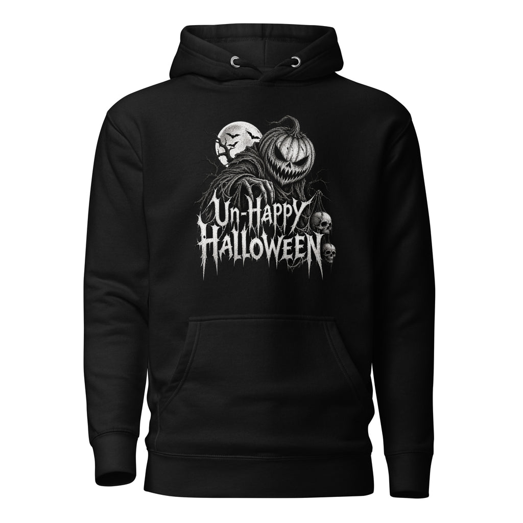 Black hoodie with a front graphic of a grinning pumpkin, skulls and moon beneath distressed gothic “Un-Happy Halloween” lettering