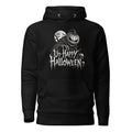 Black hoodie with a front graphic of a grinning pumpkin, skulls and moon beneath distressed gothic “Un-Happy Halloween” lettering