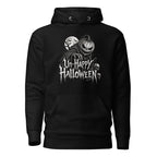 Black hoodie with a front graphic of a grinning pumpkin, skulls and moon beneath distressed gothic “Un-Happy Halloween” lettering