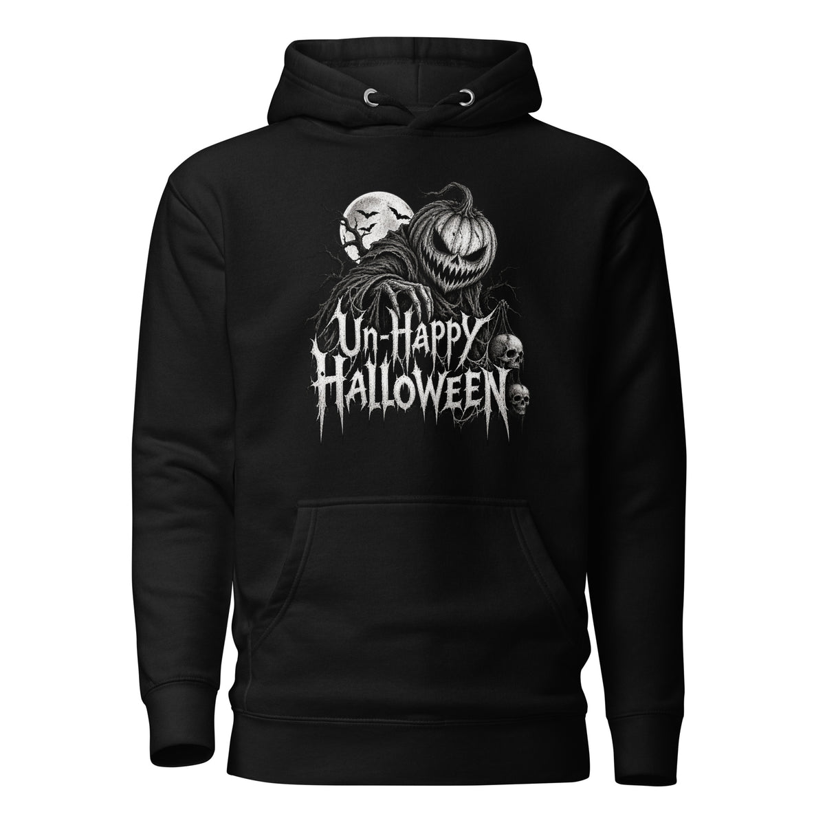 Black hoodie with a front graphic of a grinning pumpkin, skulls and moon beneath distressed gothic “Un-Happy Halloween” lettering