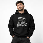 Model wearing a Black hoodie with a front Un-Happy Halloween graphic featuring a grinning pumpkin, skulls, and moon.
