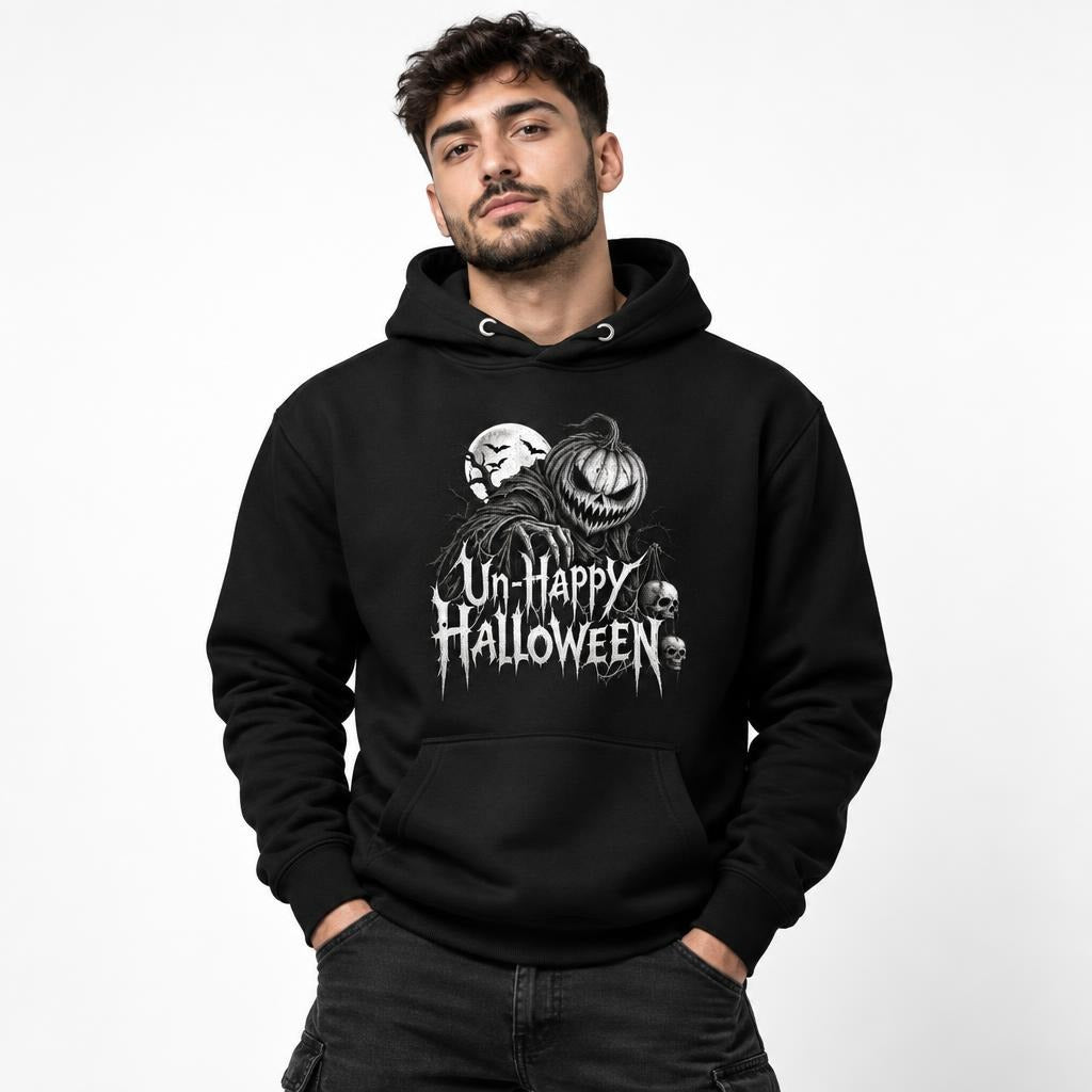 Model wearing a Black hoodie with a front Un-Happy Halloween graphic featuring a grinning pumpkin, skulls, and moon.
