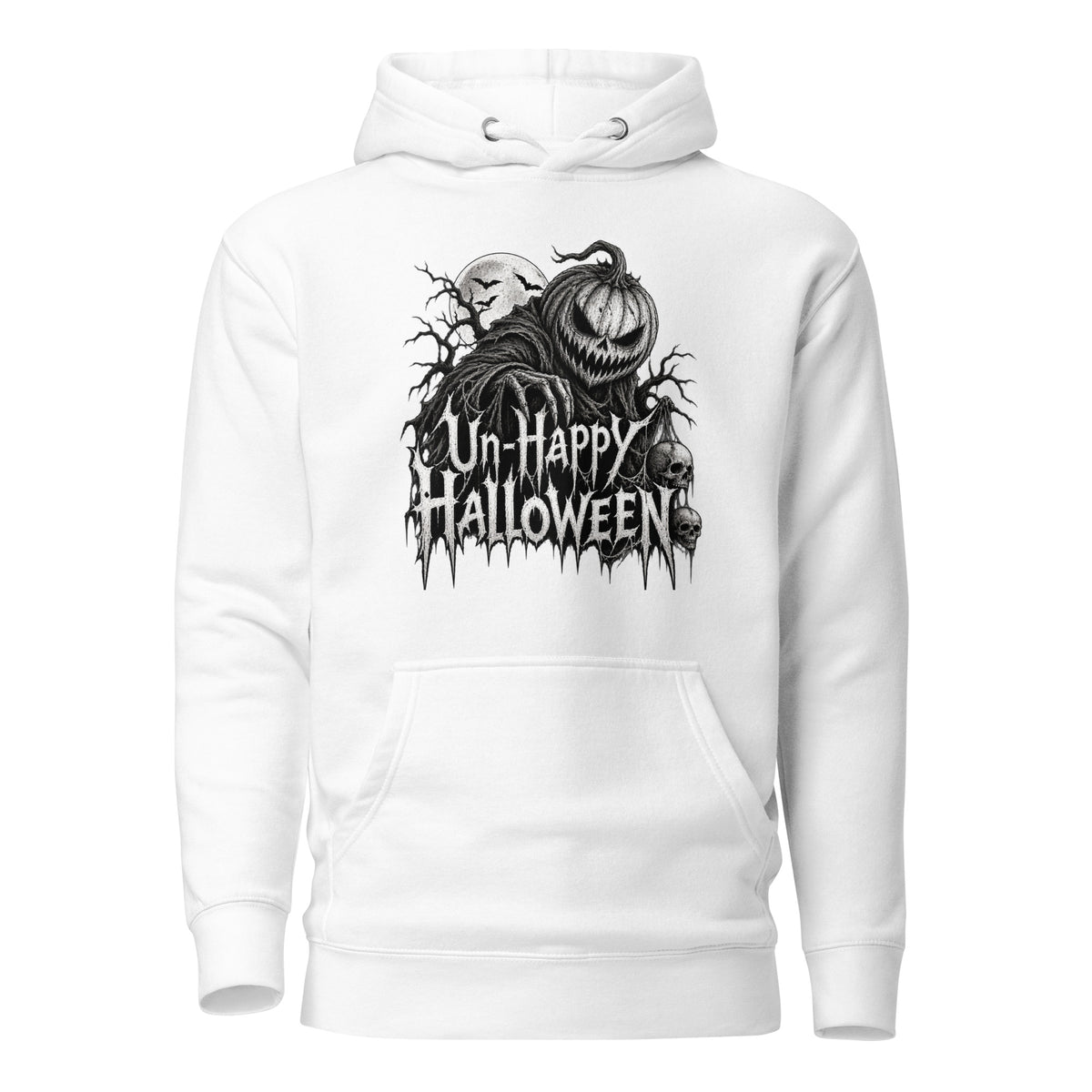 Front view of a White hoodie with an Un-Happy Halloween graphic featuring a grinning pumpkin, skulls, moon, bats, and bare branches.