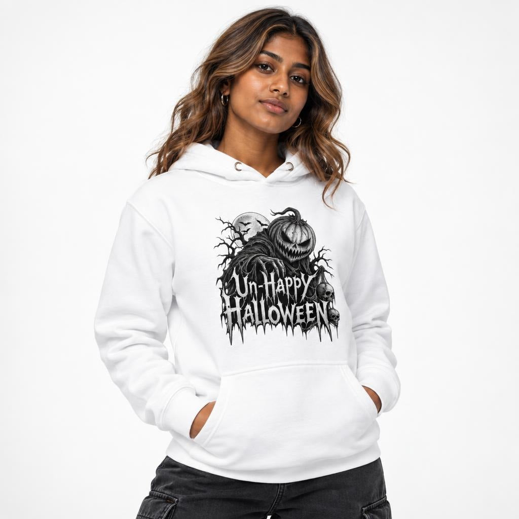 Model wearing a White hoodie with a front Gothic Un-Happy Halloween graphic featuring a pumpkin, skulls, moon, bats, and bare branches