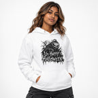 Model wearing a White hoodie with a front Gothic Un-Happy Halloween graphic featuring a pumpkin, skulls, moon, bats, and bare branches