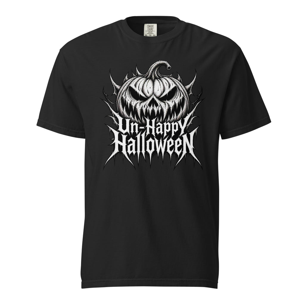 Black t shirt featuring The artwork shows a large, snarling jack-o’-lantern in monochrome black and white, with pointed Gothic lettering reading “Un-Happy Halloween” beneath it. The design has a dark, distressed horror-p