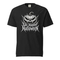 Black t shirt featuring The artwork shows a large, snarling jack-o’-lantern in monochrome black and white, with pointed Gothic lettering reading “Un-Happy Halloween” beneath it. The design has a dark, distressed horror-p