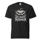 Black t shirt featuring The artwork shows a large, snarling jack-o’-lantern in monochrome black and white, with pointed Gothic lettering reading “Un-Happy Halloween” beneath it. The design has a dark, distressed horror-p