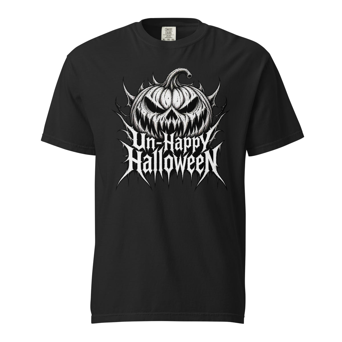 Black t shirt featuring The artwork shows a large, snarling jack-o’-lantern in monochrome black and white, with pointed Gothic lettering reading “Un-Happy Halloween” beneath it. The design has a dark, distressed horror-p
