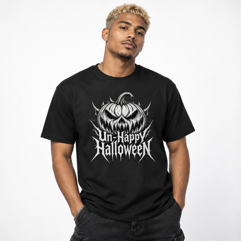 Black t shirt featuring The artwork shows a large, snarling jack-o’-lantern in monochrome black and white, with pointed Gothic lettering reading “Un-Happy Halloween” beneath it. The design has a dark, distressed horror-p