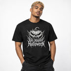 Black t shirt featuring The artwork shows a large, snarling jack-o’-lantern in monochrome black and white, with pointed Gothic lettering reading “Un-Happy Halloween” beneath it. The design has a dark, distressed horror-p