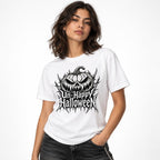 White t shirt featuring The artwork shows a large, snarling jack-o’-lantern in monochrome black and white, with pointed Gothic lettering reading “Un-Happy Halloween” beneath it. The design has a dark, distressed horror-p