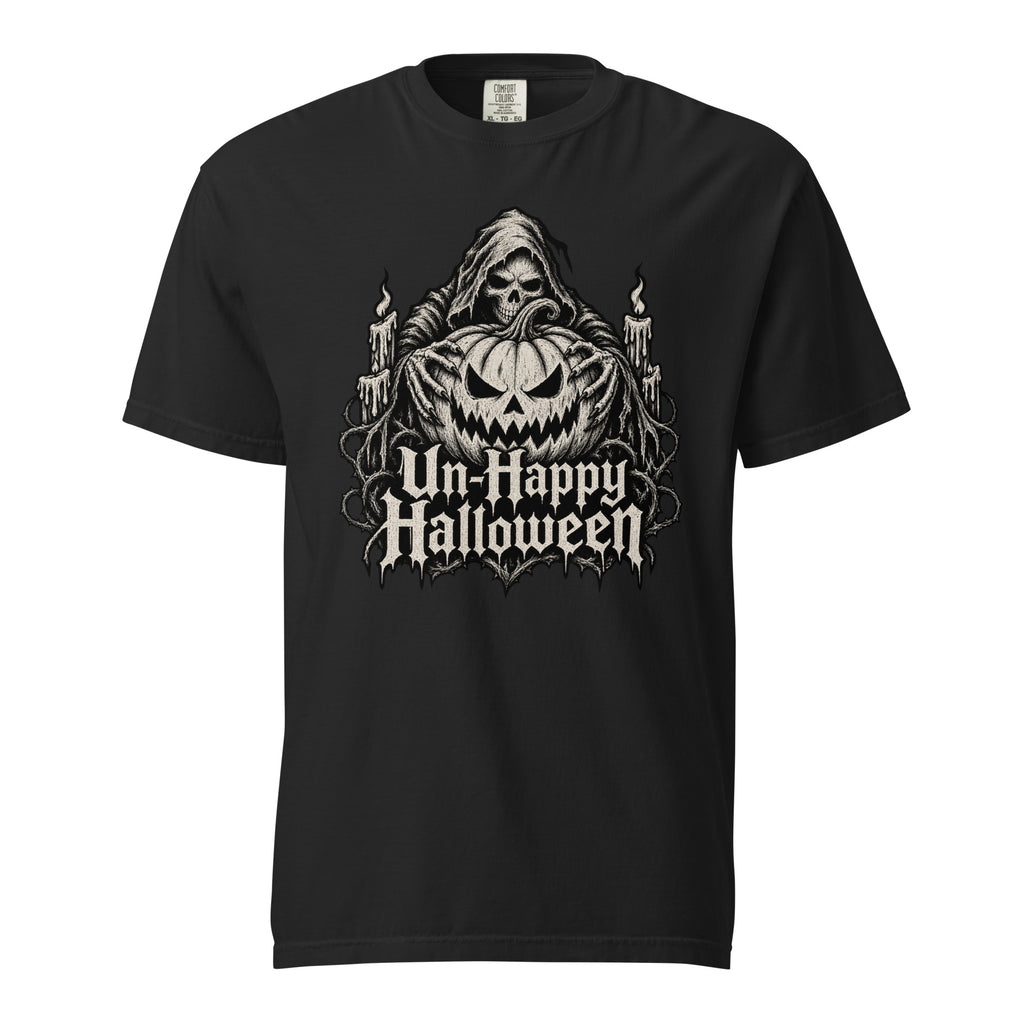 Black T-shirt with a monochrome Grim Reaper, Skull, and sinister Jack-O'-Lantern graphic surrounded by candles and gothic lettering.