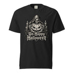 Black T-shirt with a monochrome Grim Reaper, Skull, and sinister Jack-O'-Lantern graphic surrounded by candles and gothic lettering.