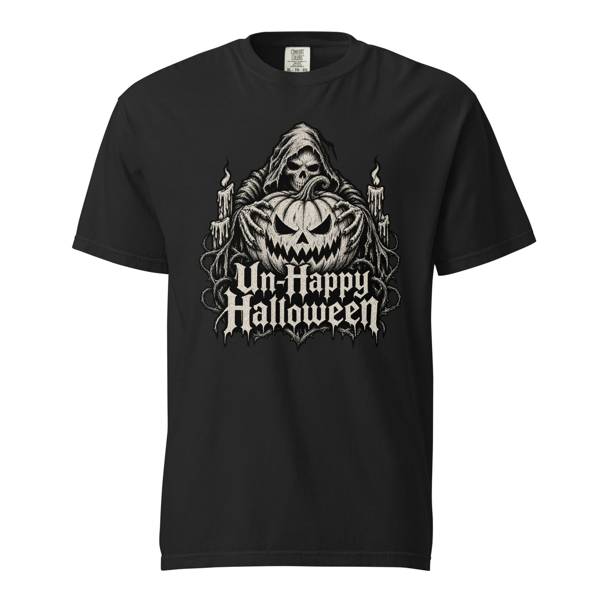 Black T-shirt with a monochrome Grim Reaper, Skull, and sinister Jack-O'-Lantern graphic surrounded by candles and gothic lettering.
