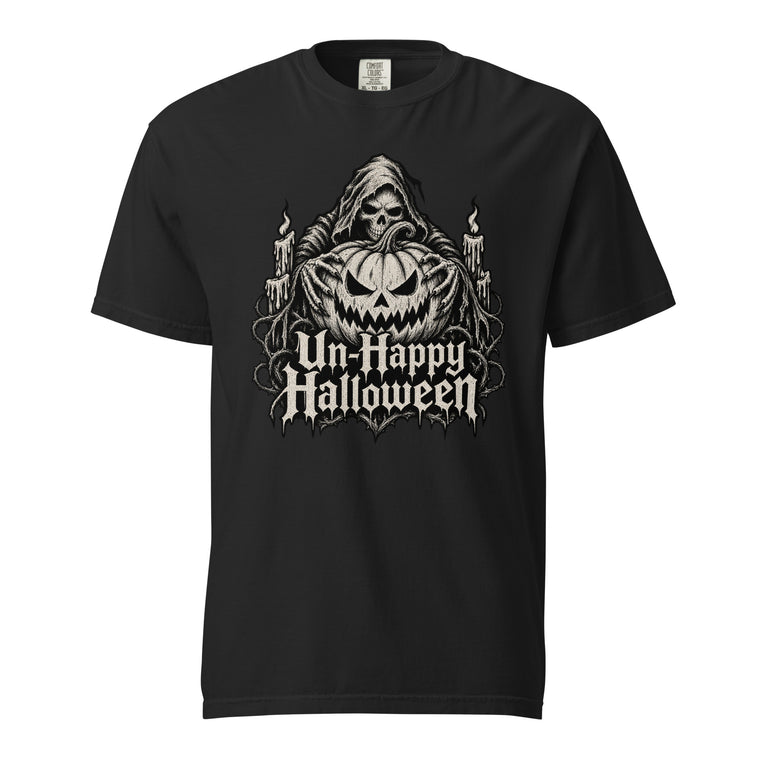 Black T-shirt with a monochrome Grim Reaper, Skull, and sinister Jack-O'-Lantern graphic surrounded by candles and gothic lettering.
