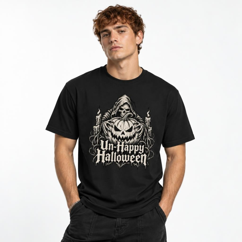 Model wearing a black T-shirt with a hooded Grim Reaper and skull behind a sinister Jack-O'-Lantern, candles, and “Un-Happy Halloween” text.