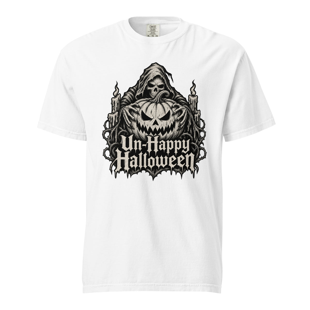 Front view of a white T-shirt with a hooded Grim Reaper and skull behind a sinister Jack-O'-Lantern, candles, and gothic lettering.