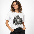 Model wearing a white T-shirt with a monochrome Grim Reaper, Skull, and sinister Jack-O'-Lantern graphic reading “Un-Happy Halloween.”