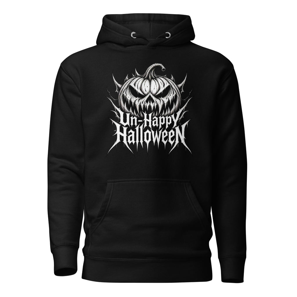 Front view of a black hoodie featuring a grinning pumpkin above readable jagged “Un-Happy Halloween” lettering.