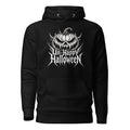 Front view of a black hoodie featuring a grinning pumpkin above readable jagged “Un-Happy Halloween” lettering.