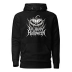 Front view of a black hoodie featuring a grinning pumpkin above readable jagged “Un-Happy Halloween” lettering.