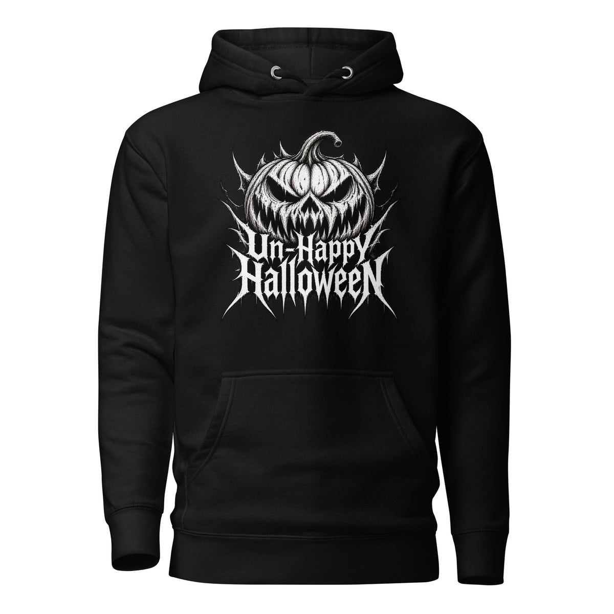 Front view of a black hoodie featuring a grinning pumpkin above readable jagged “Un-Happy Halloween” lettering.