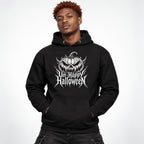 Front view of a model wearing a Black hoodie with a snarling, grinning pumpkin above the words “Un-Happy Halloween.”