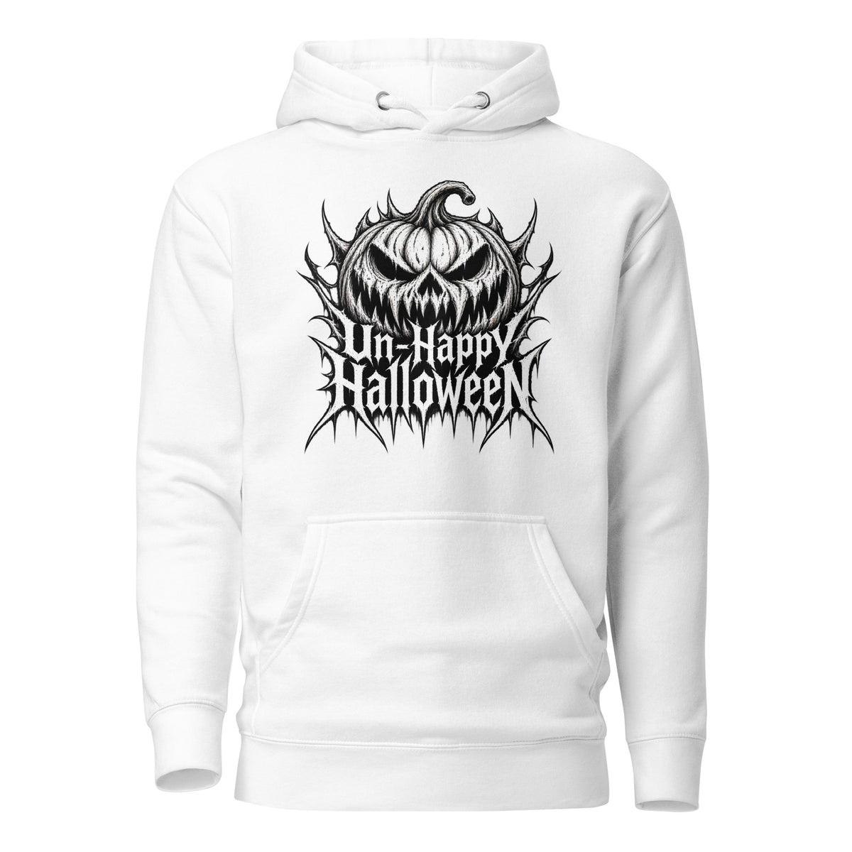 Front view of a white hoodie featuring a snarling grinning pumpkin above the words “Un-Happy Halloween” in jagged gothic lettering.