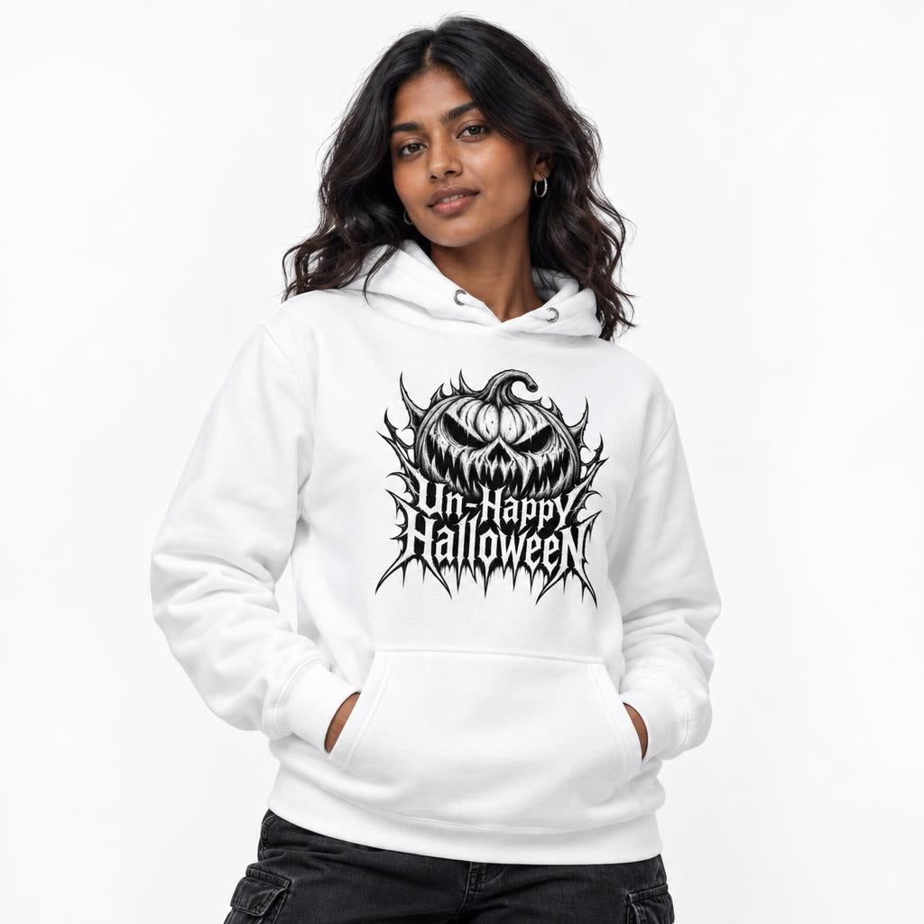 Model wearing a white hoodie with a snarling grinning pumpkin above the words “Un-Happy Halloween” in jagged gothic lettering.