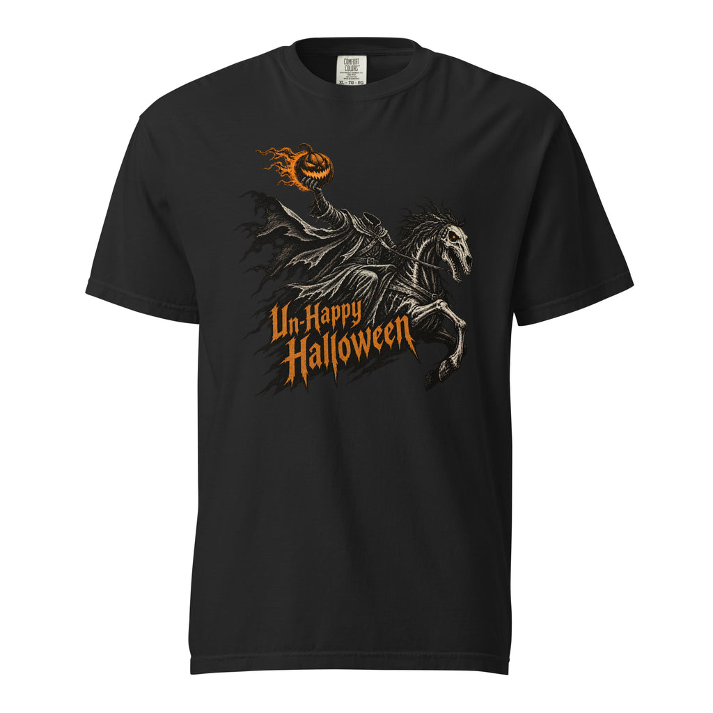Black t shirt featuring Black and white adult unisex T-shirts show a central gothic illustration of a skeletal horse and rider with a flaming pumpkin head, surrounded by distressed black shapes and bold orange text readi