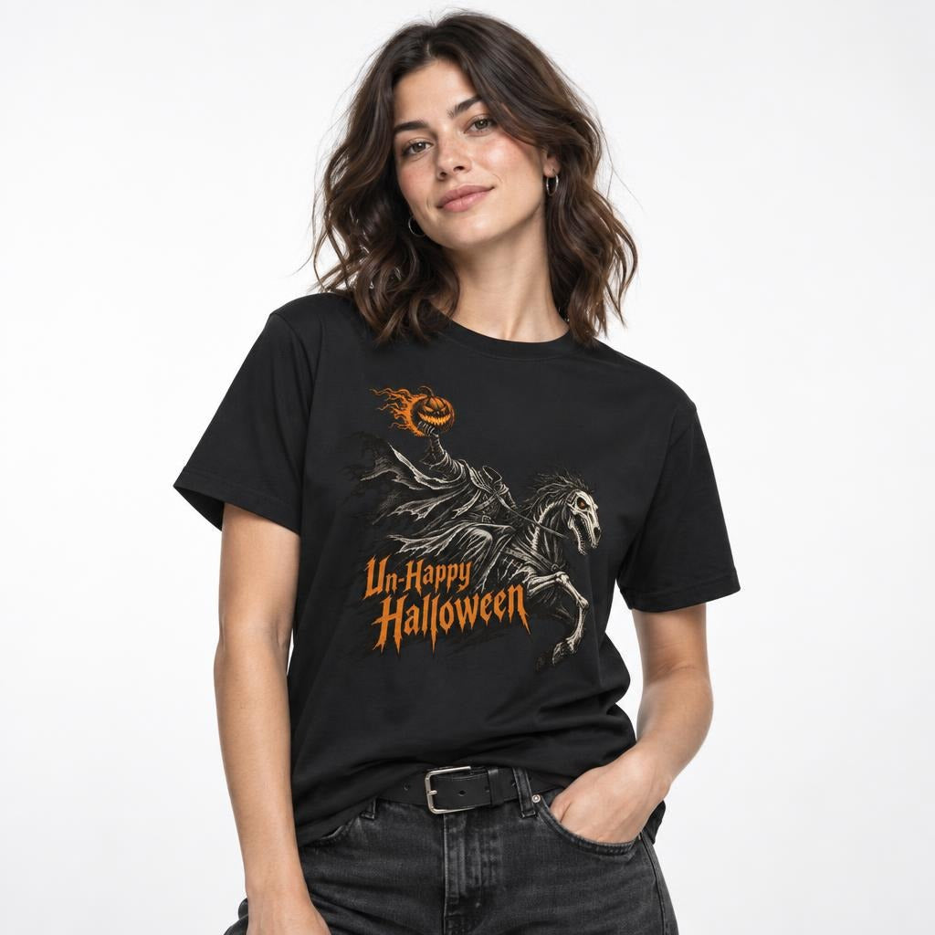 Black t shirt featuring Black and white adult unisex T-shirts show a central gothic illustration of a skeletal horse and rider with a flaming pumpkin head, surrounded by distressed black shapes and bold orange text readi