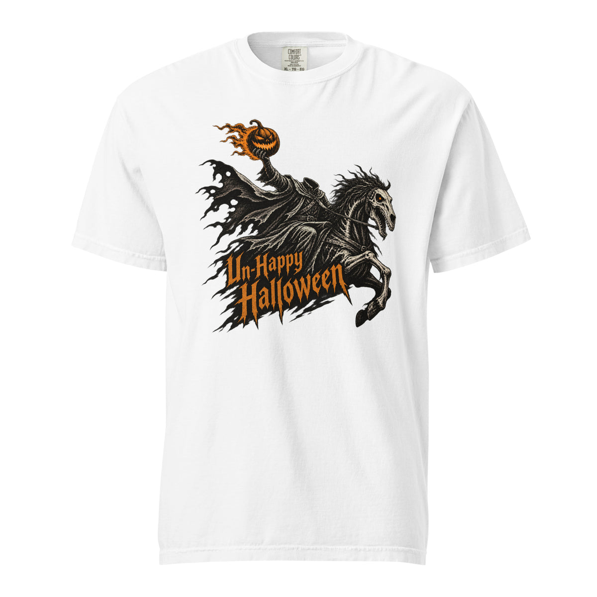 White t shirt featuring Black and white adult unisex T-shirts show a central gothic illustration of a skeletal horse and rider with a flaming pumpkin head, surrounded by distressed black shapes and bold orange text readi