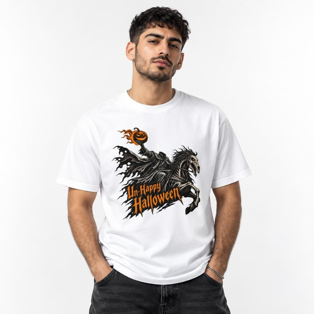 Front view of a man wearing a white T-shirt with a gothic skeleton riding a horse beneath a flaming pumpkin and orange text.