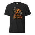 Black t shirt featuring A central orange jack-o’-lantern with an angry carved face is covered and held by skeletal hands, surrounded by twisted black vines. Distressed orange text below reads “Un-Happy Halloween”. The ar