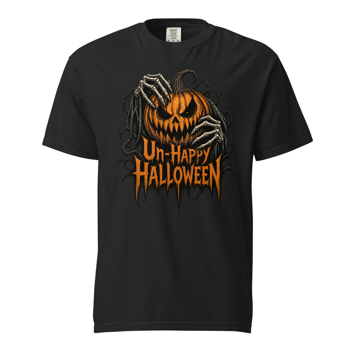 Black t shirt featuring A central orange jack-o’-lantern with an angry carved face is covered and held by skeletal hands, surrounded by twisted black vines. Distressed orange text below reads “Un-Happy Halloween”. The ar