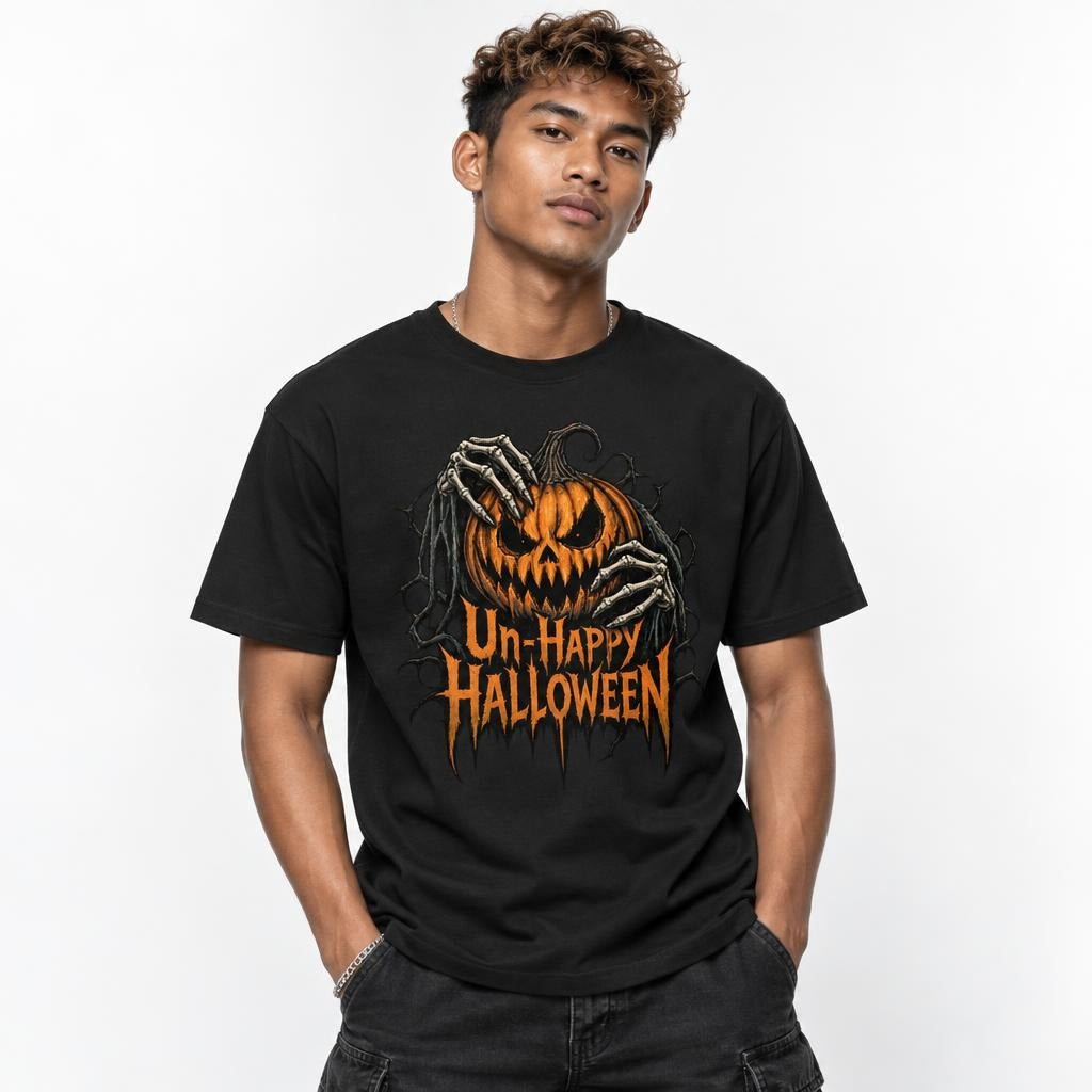 Black t shirt featuring A central orange jack-o’-lantern with an angry carved face is covered and held by skeletal hands, surrounded by twisted black vines. Distressed orange text below reads “Un-Happy Halloween”. The ar