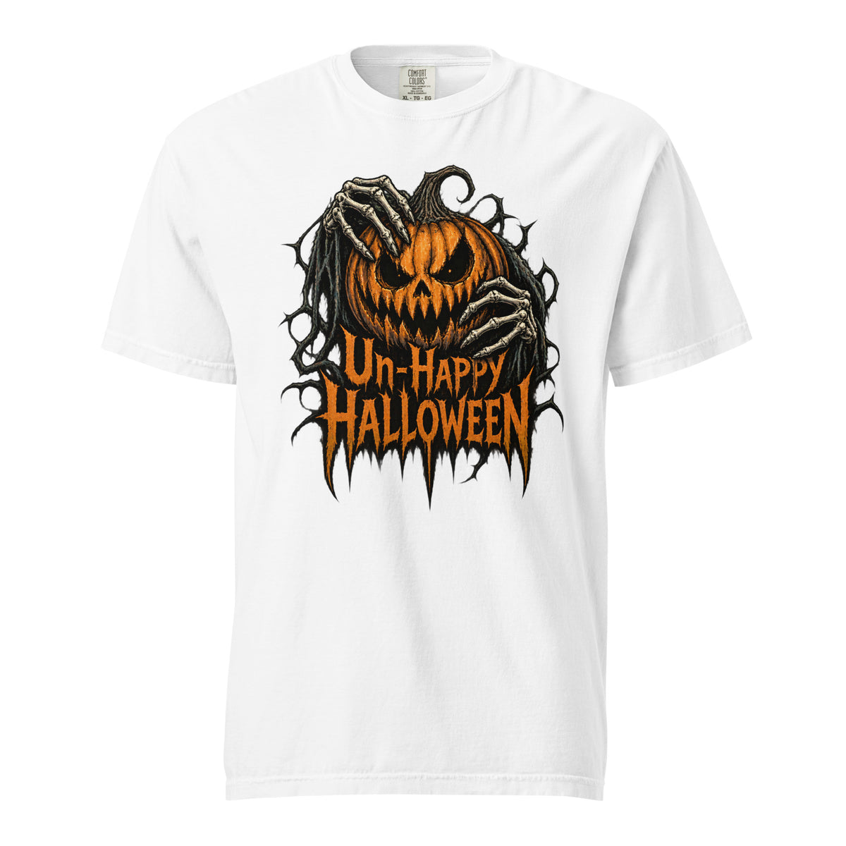 White t shirt featuring A central orange jack-o’-lantern with an angry carved face is covered and held by skeletal hands, surrounded by twisted black vines. Distressed orange text below reads “Un-Happy Halloween”. The ar