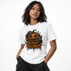 White t shirt featuring A central orange jack-o’-lantern with an angry carved face is covered and held by skeletal hands, surrounded by twisted black vines. Distressed orange text below reads “Un-Happy Halloween”. The ar
