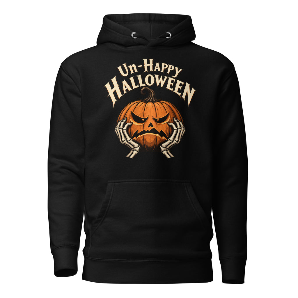 Front view of a black hoodie featuring “Un-Happy Halloween” lettering above an angry orange pumpkin held by skeletal hands.