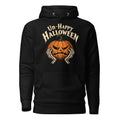 Front view of a black hoodie featuring “Un-Happy Halloween” lettering above an angry orange pumpkin held by skeletal hands.