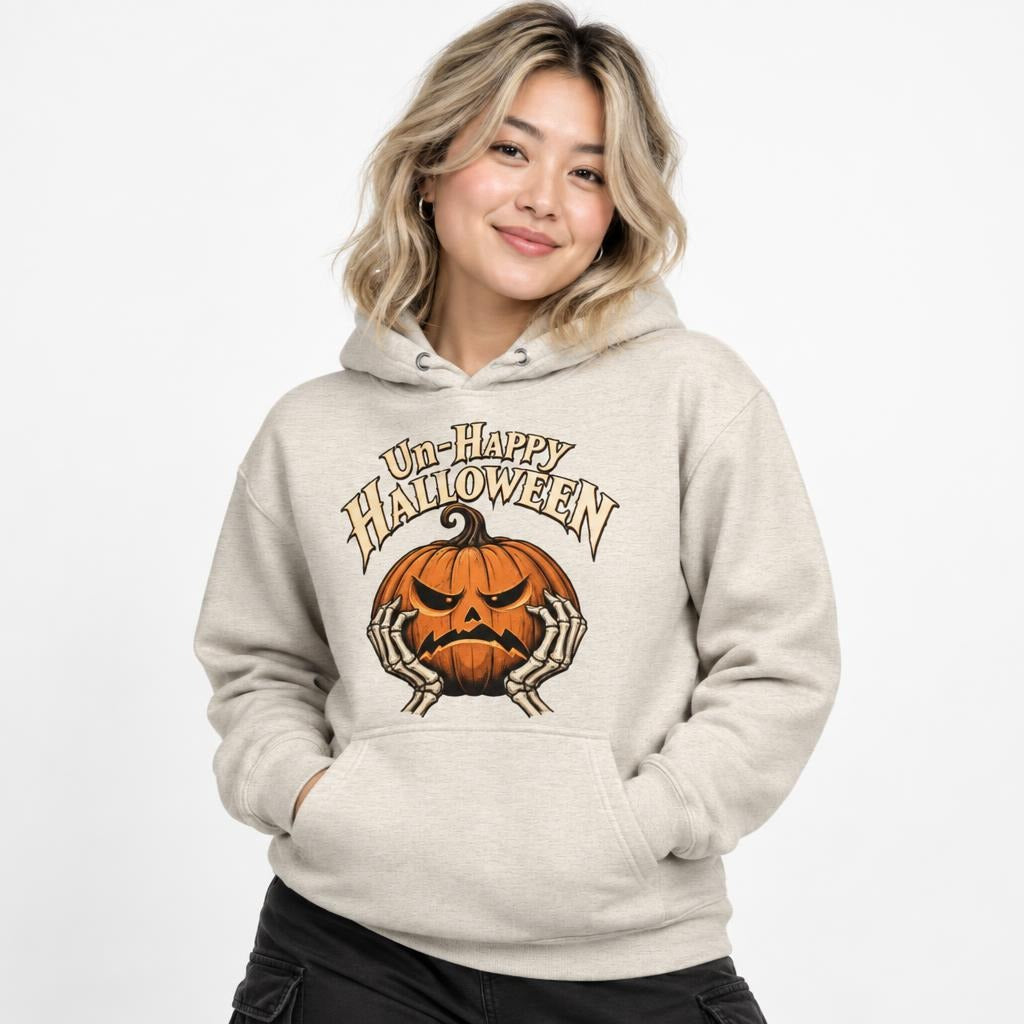 Front view of an Oatmeal Heather hoodie with “Un-Happy Halloween” lettering, an angry pumpkin, and skeleton hands.